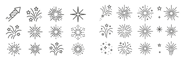 Collection of various firework designs featuring stars and bursts in simple line art, perfect for festive projects and celebrations