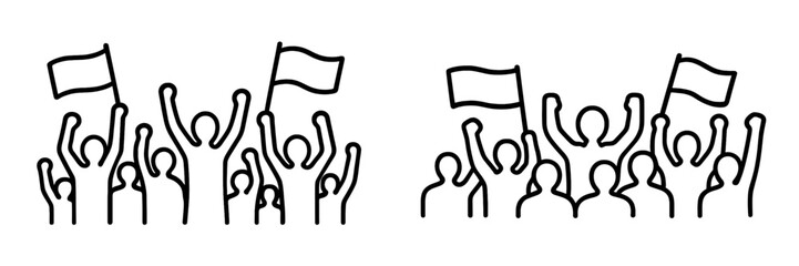 Crowds of people waving flags in a demonstration showing solidarity and unity in an urban setting during the day