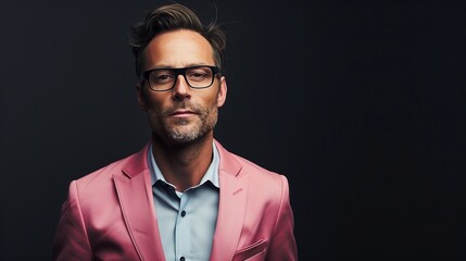 perfectly composed portrait of a businessman wearing glasses and a sleek pink e suit 