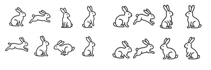 Cute rabbits in various playful poses hopping and sitting against a simple background