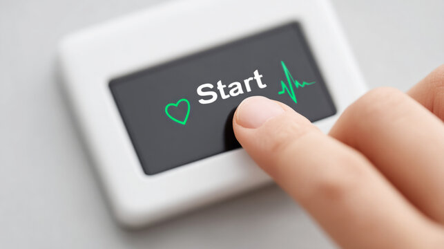 Finger pressing start button with heartbeat symbol