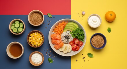 Overhead flat-lay with bold background. Place colorful ingredients or a composed meal on a solid or color-blocked backdrop. A vertical flat-lay of one plate or bowl on a contrasting matte surface (or 