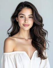 Soft Portrait of Young Woman with Flowing Hair, Gentle Expression and Blouse