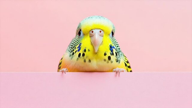 Cute small bird peeking over a pink border