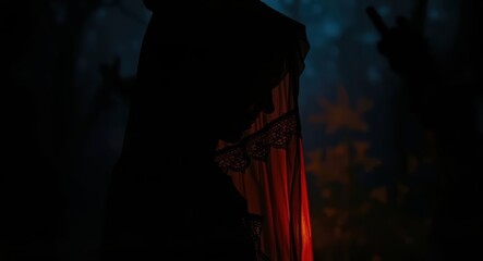 Dark hooded figure in forest mystery halloween spooky night red cloak silhouette