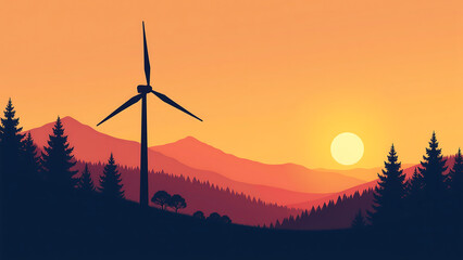 Obraz premium single wind turbine stands amidst serene forest landscape golden hour blades silhouetted warm orange hues twilight