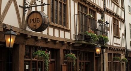 Charming medieval pub exterior with timber framing and hanging barrel sign