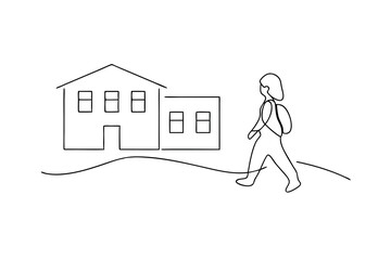 Singleline drawing Student walking to school building home