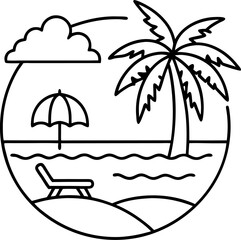 Beach scene illustration featuring palm tree umbrella and lounger in a circle