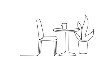 Simple line drawing of chair table and plant