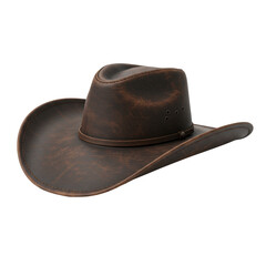 Classic Western-style cowboy hat, high-quality aged dark brown leather, wide brim, detailed stitching, isolated on transparent background, no shadows, 3/4 front view, ultra realistic UHD