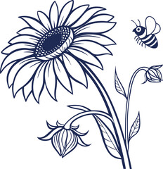 Vector illustration of a sunflower and bee in minimalist outline style