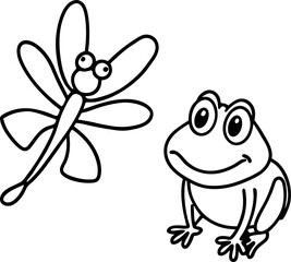 Cute dragonfly and frog cartoon illustration in black and white for educational purposes