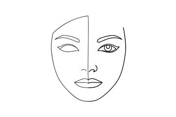 Abstract line drawing of a woman's face showing two expressions