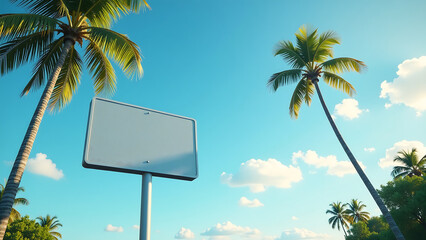 Naklejka premium solitary metallic highway sign stands foreground brilliant blue sky framed lush green palm trees subtle golden