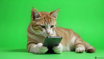 A cute brown cat sits against a green background, intently watching a mobile phone held in her paws, capturing a funny and adorable tech-savvy moment.
