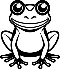 Smiling cartoon frog illustration in black and white graphic style