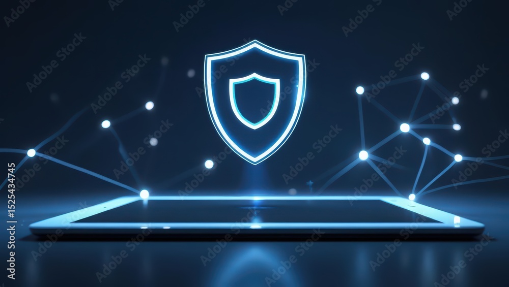 Poster highly secure digital shield icon floating above a futuristic transparent device with connected netw
