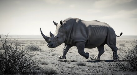 White Rhinoceros Charging Across African Savanna Wildlife Conservation