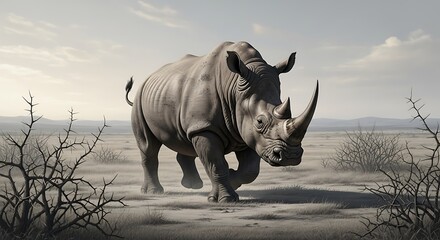 Fototapeta premium White Rhinoceros Charging Across African Savanna Wildlife Conservation