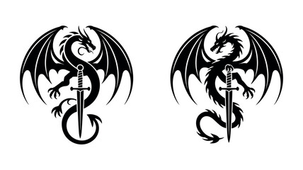 Dragon Silhouette Wrapped Around Sword with Spread Wings Fantasy Vector Illustration