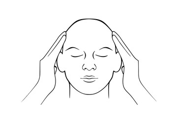 Line drawing of hands gently massaging a persons head