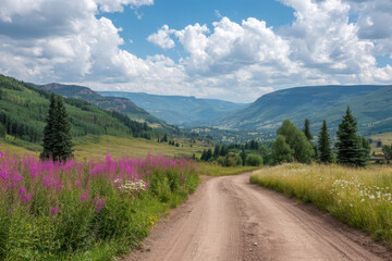 Fototapeta premium narrow road winding through lush vibrant landscape leading into rainbow valley