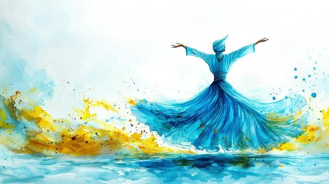 A person in a flowing blue dress spins gracefully, surrounded by splashes of yellow and blue paint. The background is light and airy, evoking a sense of movement and freedom.