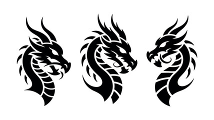 Tribal Dragon Head Silhouette Vector Set for Tattoo and Fantasy Design

