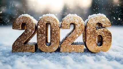 Luxurious golden 2026 numbers dusted with glistening snow in this premium holiday illustration. Perfect for elegant winter greeting cards, high-end seasonal campaigns, and festive social media content