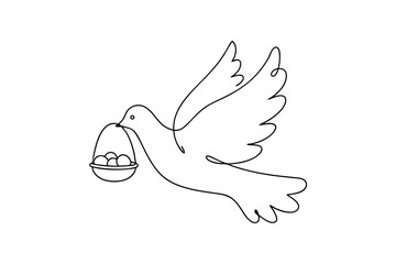 One line drawing dove carrying basket of eggs peace symbol