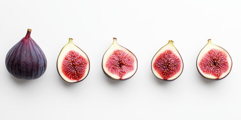 Fresh figs whole and cut in half on white background. Mediterranean fruit and gourmet concept. Image for poster and banner. Top view with copy space.