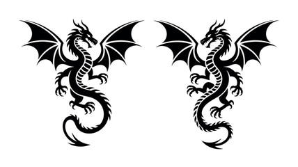 Fototapeta premium Tribal Dragon Silhouette Vector Artwork Framed with Decorative Scroll Border 