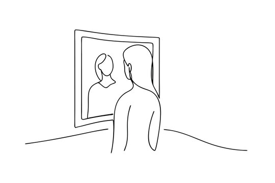 Woman looking at her reflection in a mirror line drawing minimalist art