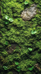 Obraz premium Close-up of vibrant green moss covering a weathered wooden surface, showcasing rich natural texture and organic detail. Vertical composition ideal for nature, design, or eco-themed visuals.