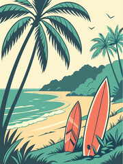 Tropical beach vector with palm trees, surfboards, gentle waves, and a serene coastline. Ideal for summer, vacation, and surfing-themed designs.