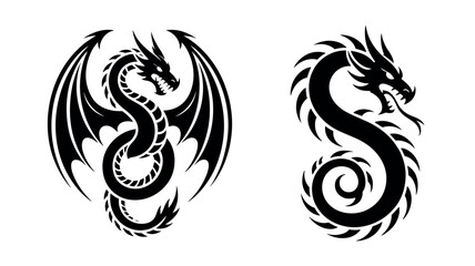 Fototapeta premium Tribal Dragon Vector Set with Coiled and Winged Mythical Creatures on Grunge Background 