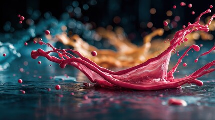 Eye-catching pink liquid splashing on ground with dramatic effects and vivid colors creating a stunning visual impact