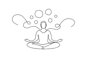 Serene man meditating one line drawing peaceful mind bubbles