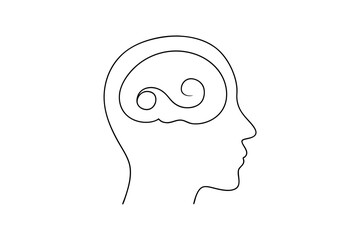 Simple line drawing of a head with swirling brain design