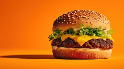 Juicy Hamburger with Sesame Bun, Melted Cheese, and Lettuce on Orange Background – Dramatic Food Photography, Food photography of a perfectly assembled burger 