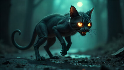A scary-looking cat emerges from the darkness, its intense eyes glowing against a black background, creating a mysterious and eerie atmosphere.