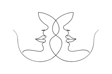 Elegant line drawing two faces mirrored abstract art