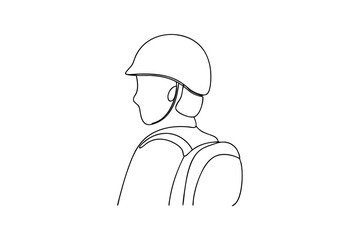 Soldier line drawing minimalist back view helmet backpack