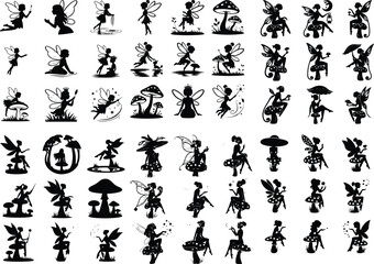 Fairy Sitting on Mushroom Silhouette – Magical Fantasy Design Set Enchanted Fairy on Mushroom Silhouette – Whimsical Vector Art Collection