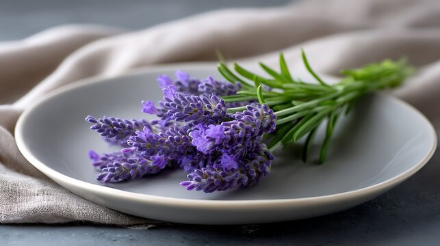 Fresh Lavender Sprig on a Gray Plate with Linen Background