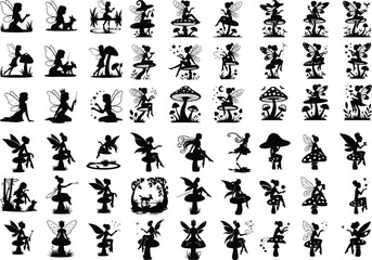Fairy Sitting on Mushroom Silhouette – Magical Fantasy Design Set Enchanted Fairy on Mushroom Silhouette – Whimsical Vector Art Collection