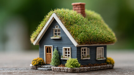 Decorative miniature house model with green grass roof and natural trim symbolizes eco-friendly living, sustainability, and harmony with nature. Represents modern environmental residential design.

