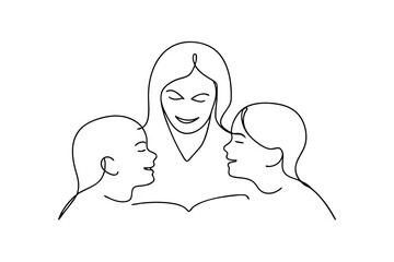 Mother reading to her two children line drawing illustration