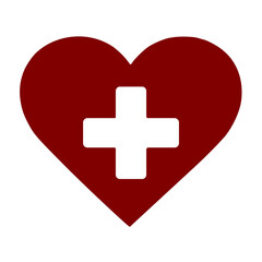 A bold graphic of a red heart with a medical cross in the center. 